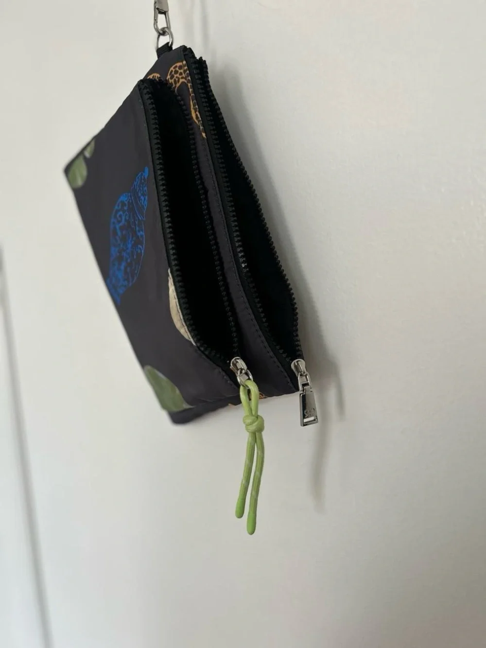 Printed Black Nylon Wristlet Pouch with Lime Accent from Parfois